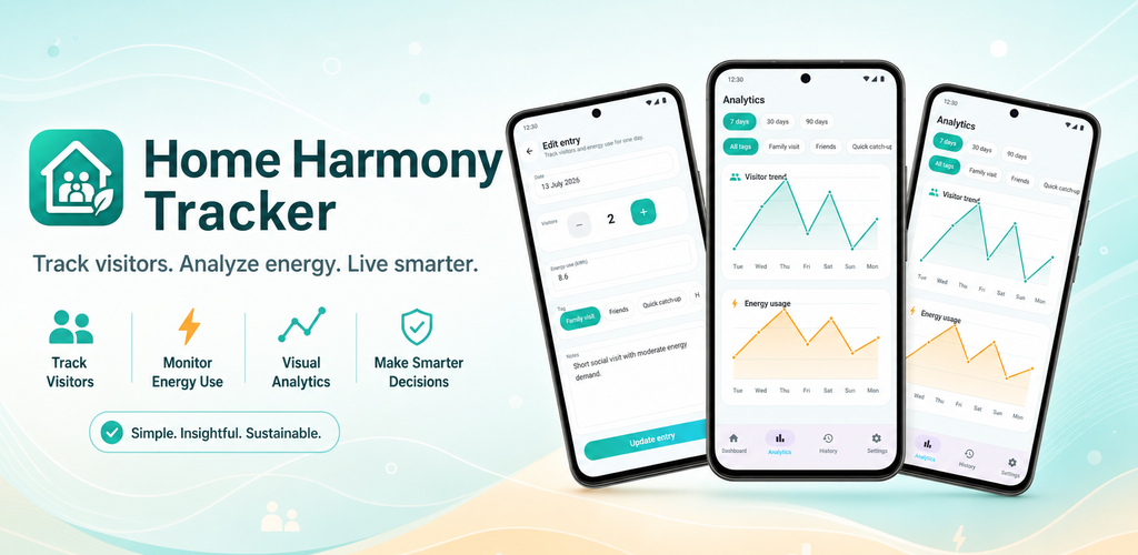 Home Harmony Tracker promotional artwork with app screens and feature callouts.