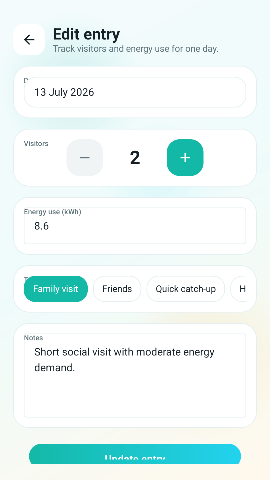 Edit entry screen of Home Harmony Tracker with visitor count controls, energy field, tags, and notes.