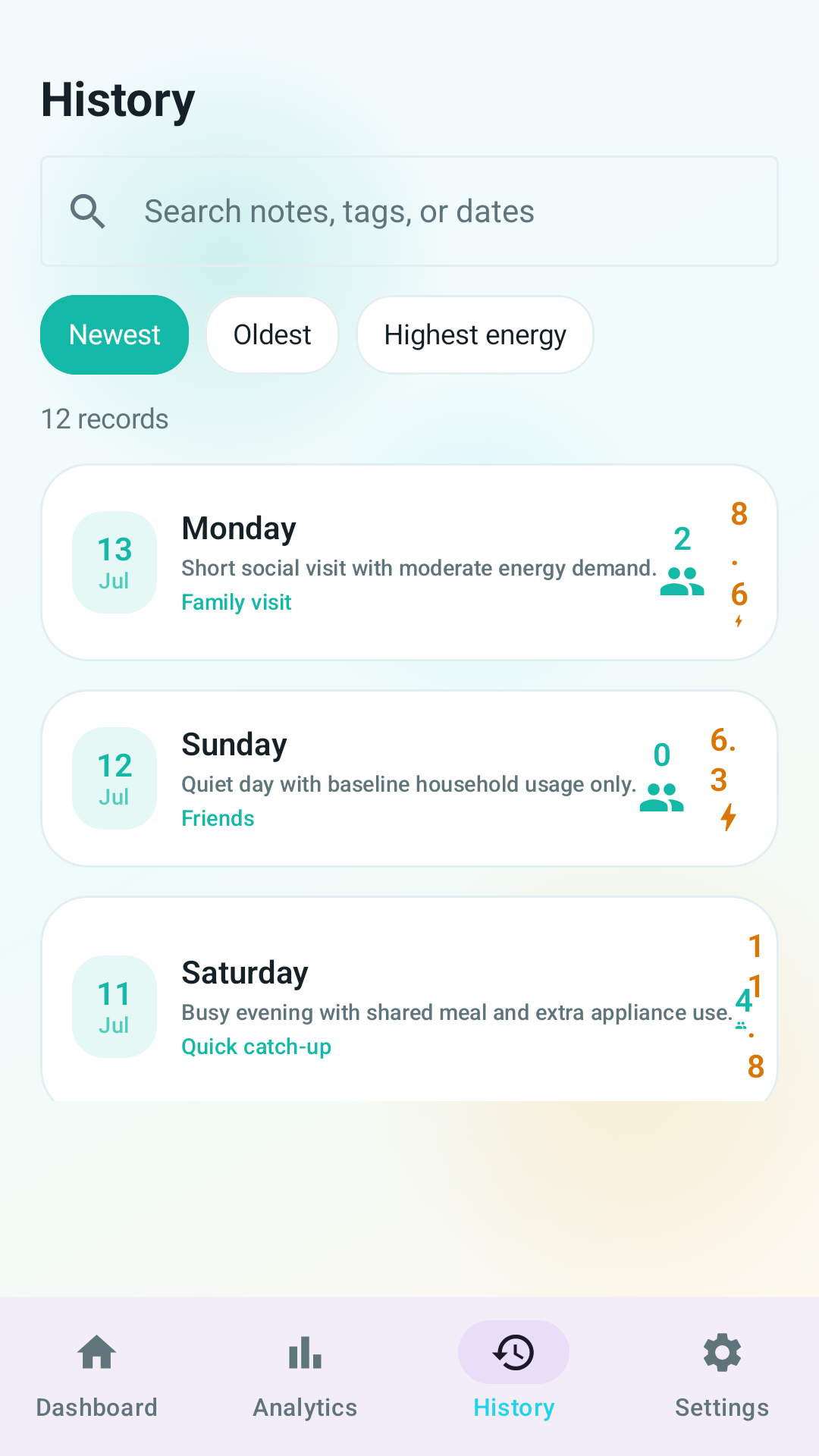 History screen of Home Harmony Tracker showing past records with search and sorting controls.
